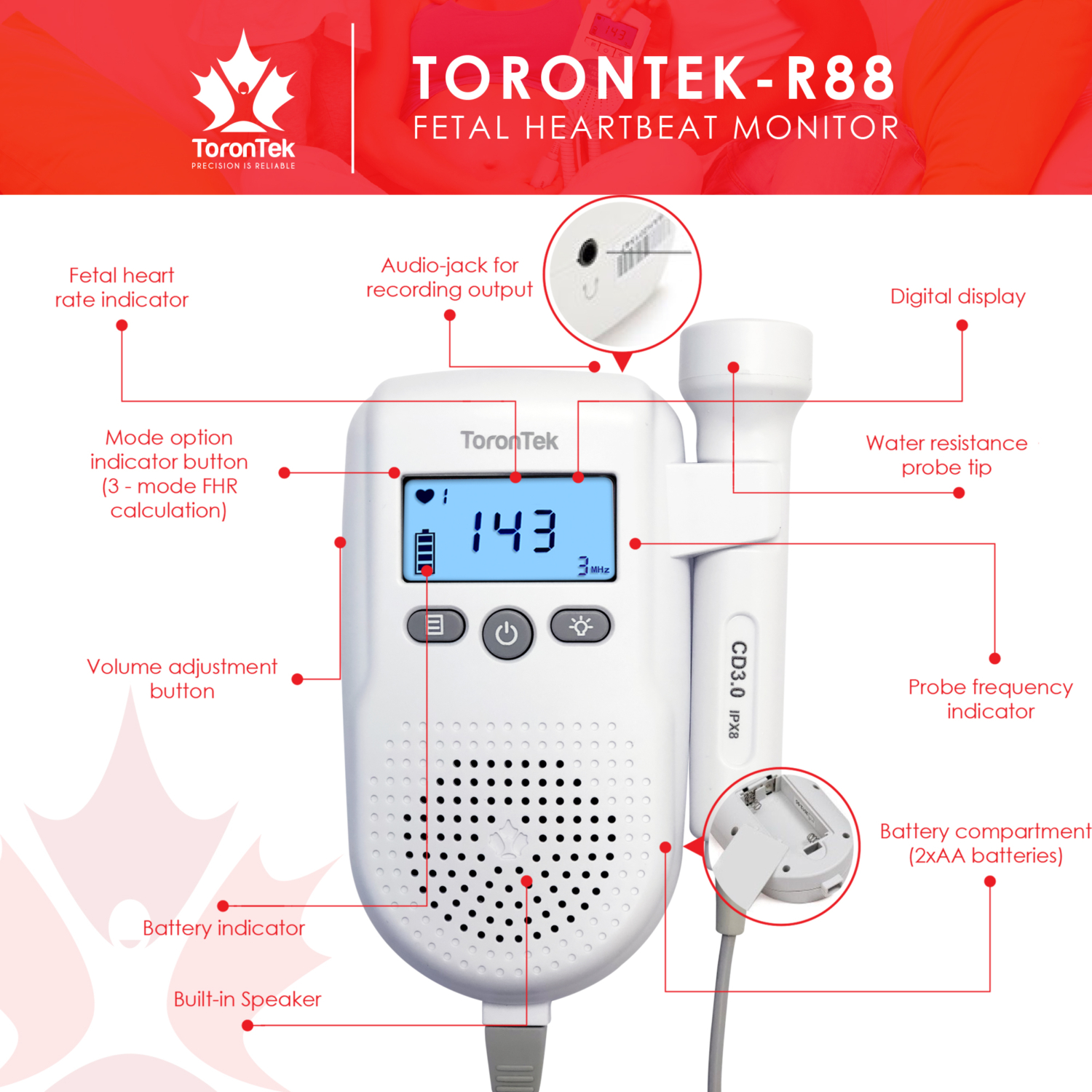 ToronTekR88 Fetal Monitor+250 ml Ultrasound Gel Baby doppler in Canada